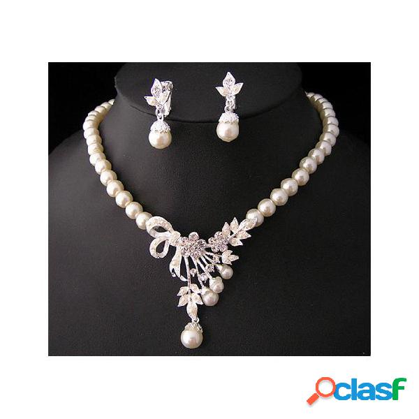 White diamond pearl necklace earrings jewelry set bridesmaid
