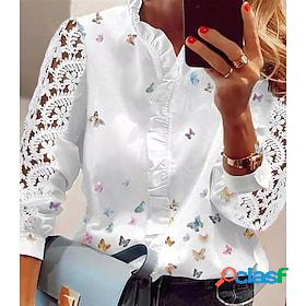 Women's Blouse Shirt White Ruffle Button Butterfly Casual