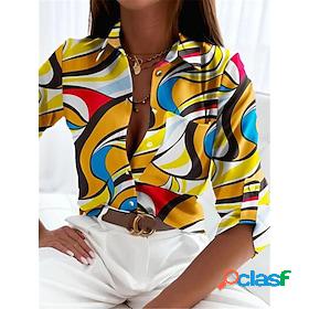 Women's Blouse Shirt Yellow Print Color Block Abstract Work