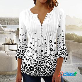 Women's Blouse T shirt Tee Shirt White Button Print Floral