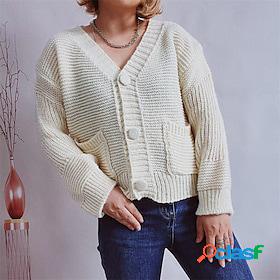 Women's Cardigan Sweater Jumper Ribbed Knit Pocket Knitted V