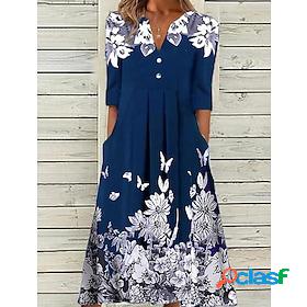 Women's Casual Dress Midi Dress Navy Blue Floral 3/4 Length