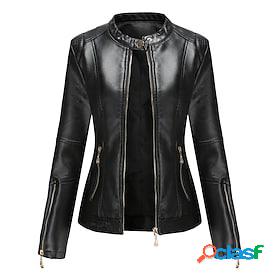 Women's Faux Leather Jacket Pocket Active Sports Casual Faux