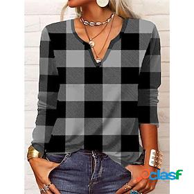 Women's Henley Shirt Red Green Gray Print Plaid Casual Daily