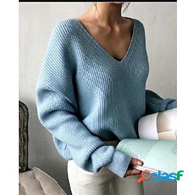 Women's Jumper Crochet Knit Knitted V Neck Solid Color Daily