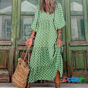 Women's Maxi long Dress A Line Dress Green 3/4 Length Sleeve