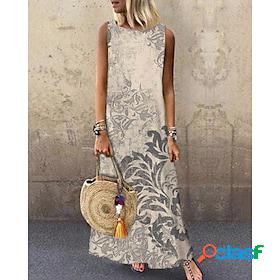 Women's Maxi long Dress Shift Dress Beige Sleeveless Print