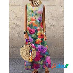Women's Maxi long Dress Shift Dress Fuchsia Sleeveless Print