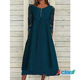 Women's Midi Dress Gauze Dress Navy Blue 3/4 Length Sleeve