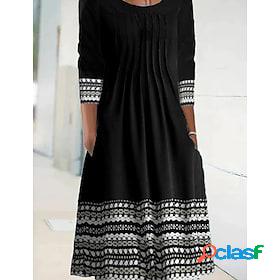 Women's Midi Dress Shift Dress Black 3/4 Length Sleeve Print