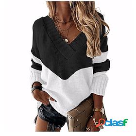 Women's Pullover Sweater Jumper Ribbed Knit Patchwork Thin V
