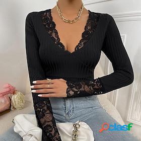 Women's Shirt Blouse Black Lace Patchwork Plain Casual Long