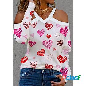Women's Shirt Blouse Black White Pink Cut Out Print Heart