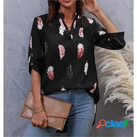 Women's Shirt Blouse Black White Pink Print Feather Casual
