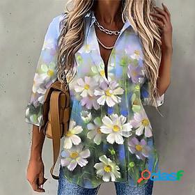 Women's Shirt Blouse Blue Button Print Floral Casual Holiday