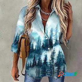 Women's Shirt Blouse Blue Button Print Tree Daily Holiday