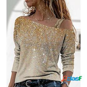 Women's Shirt Blouse Gold Off Shoulder Print Graphic Casual