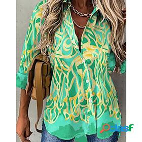 Women's Shirt Blouse Green Button Print Graphic Casual Long