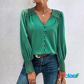 Women's Shirt Blouse Green Lace Patchwork Plain Casual Long
