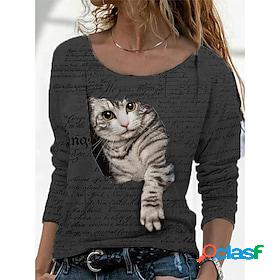 Women's Shirt Blouse Lake blue Black Red Print Animal Cat