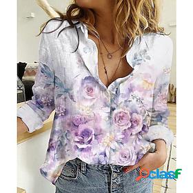 Women's Shirt Blouse Purple Button Print Floral Daily