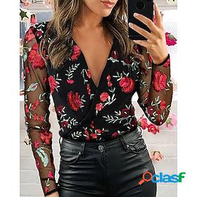 Women's Shirt Blouse Red Blue Mesh Print Floral Casual Daily