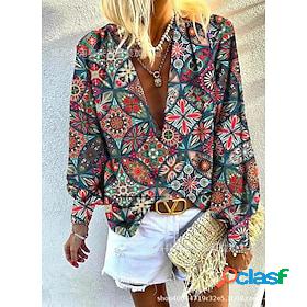 Women's Shirt Blouse Red Blue Print Floral Casual Long