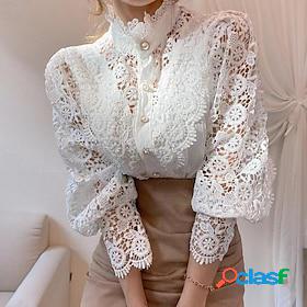 Women's Shirt Blouse White Lace Button Plain Casual Long