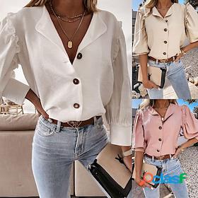 Women's Shirt Blouse White Pink Button Plain Casual Long