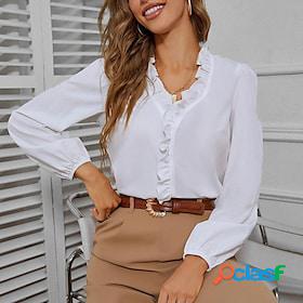 Women's Shirt Blouse White Ruffle Plain Casual Long Sleeve V