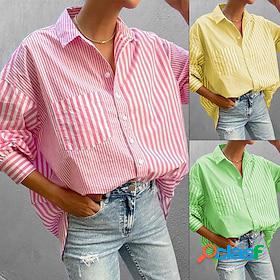 Women's Shirt Blouse Yellow Pink Green Button Pocket Striped