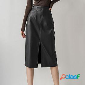 Women's Skirt Work Skirts PU Leather Midi Black Skirts Split