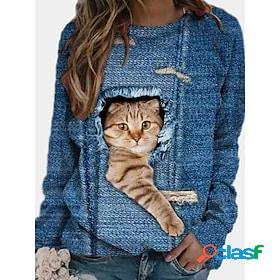 Women's Sweatshirt Pullover Basic Blue Cat Street Long