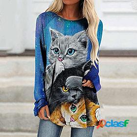 Women's T shirt Dress Black White Blue Print Cat Casual