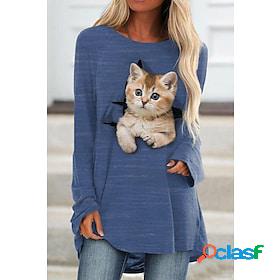 Women's T shirt Dress T shirt Tee Black White Blue Print Cat
