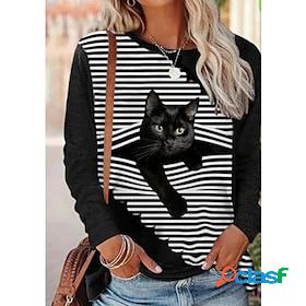 Women's T shirt Tee Black Print Cat Striped Casual Weekend