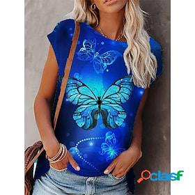 Women's T shirt Tee Blue Print Butterfly Casual Daily