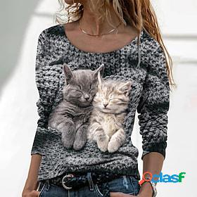 Women's T shirt Tee Dark Gray Print Cat 3D Daily Weekend