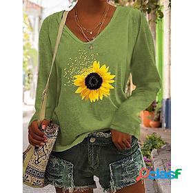 Women's T shirt Tee Green Blue Gray Print Sunflower Sports