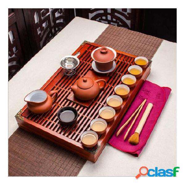 1 set kung fu tea set yixing purple sand art solid wood tea