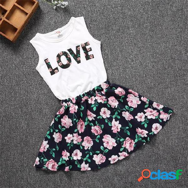 100-150cm baby girls clothes love tops + flower skirt 2pcs