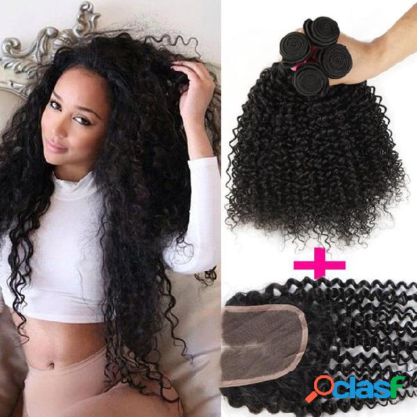 1pc top lace closure+3pcs curly hair wefts brazilian kinky