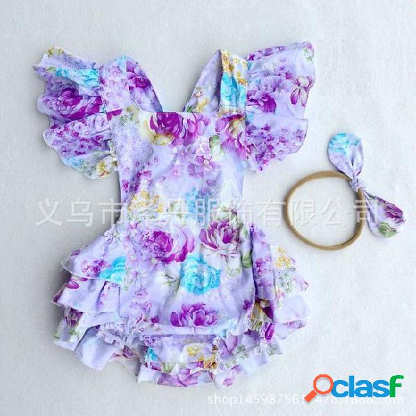 2017 ins baby girl print flower rompers cute floral lace