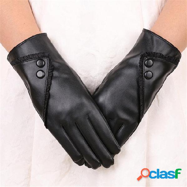 2018 fashion women pu leather gloves lace button decoration