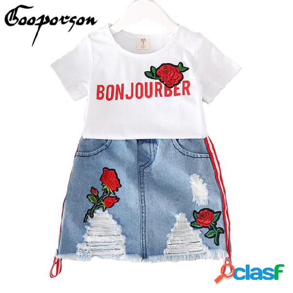 2018 new brand kids girl rose clothes set white shirt with