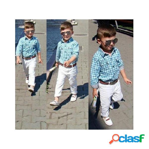 2019 baby boys long sleeve plaid shirt with white trousers