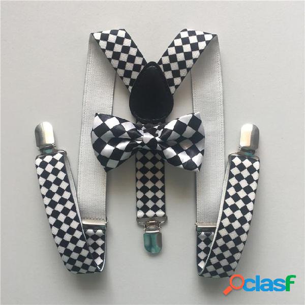 2pcs black and white check children suspenders bow sets