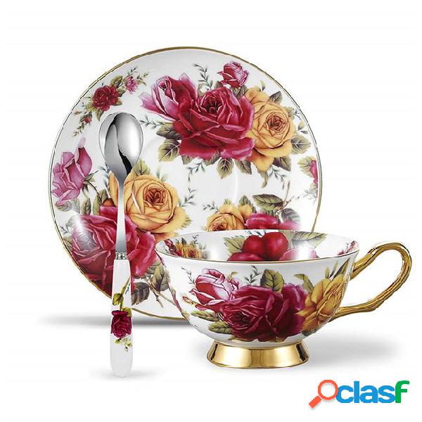 3 piece bone china coffee tea cup and saucer set with spoon,