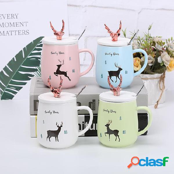 450ml creative ceramic coffee mug with lid deer milk tea cup