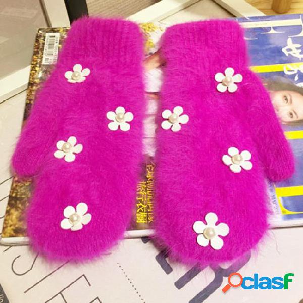 5 candy color sweet flower women gloves pure ribbit fur